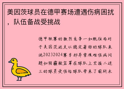 美因茨球员在德甲赛场遭遇伤病困扰，队伍备战受挑战