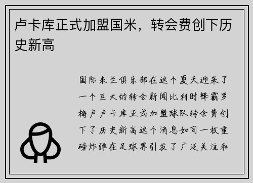卢卡库正式加盟国米，转会费创下历史新高
