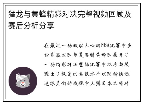 猛龙与黄蜂精彩对决完整视频回顾及赛后分析分享